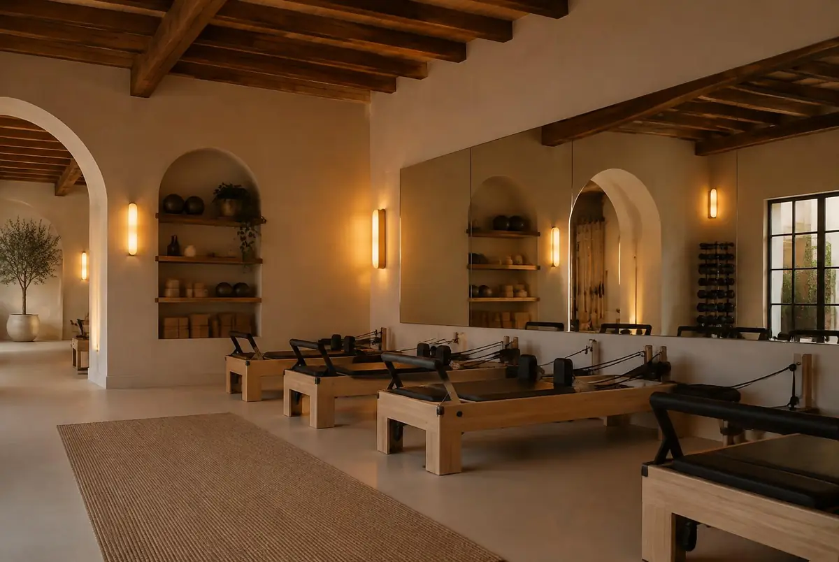 Wide view of a Pilates studio with timber beams, arched wall niches and equipment along a mirrored wall